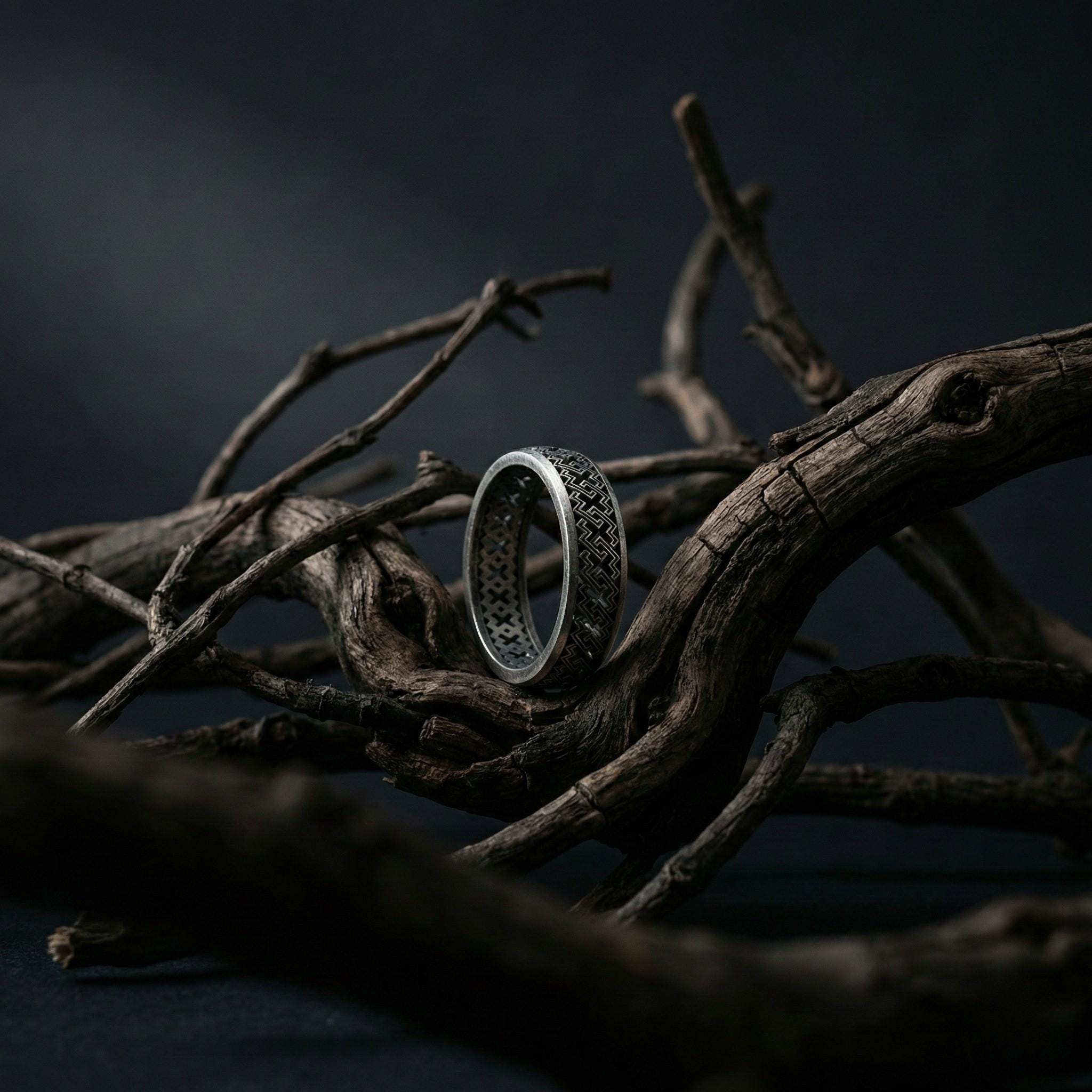 Geometrik Desenli Unisex Gümüş Alyans