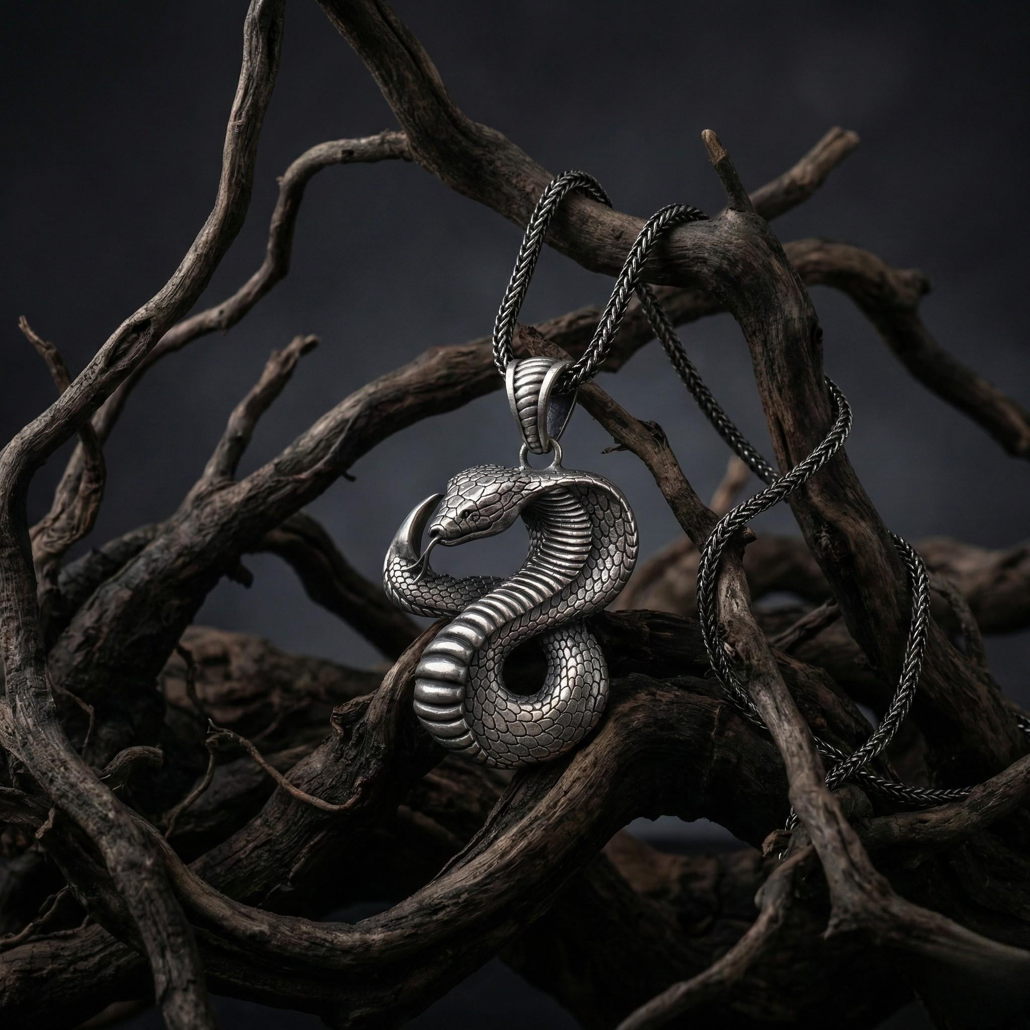 Oksitli Gümüş Yılan Kolye Ucu: El Yapımı Gotik Kolye