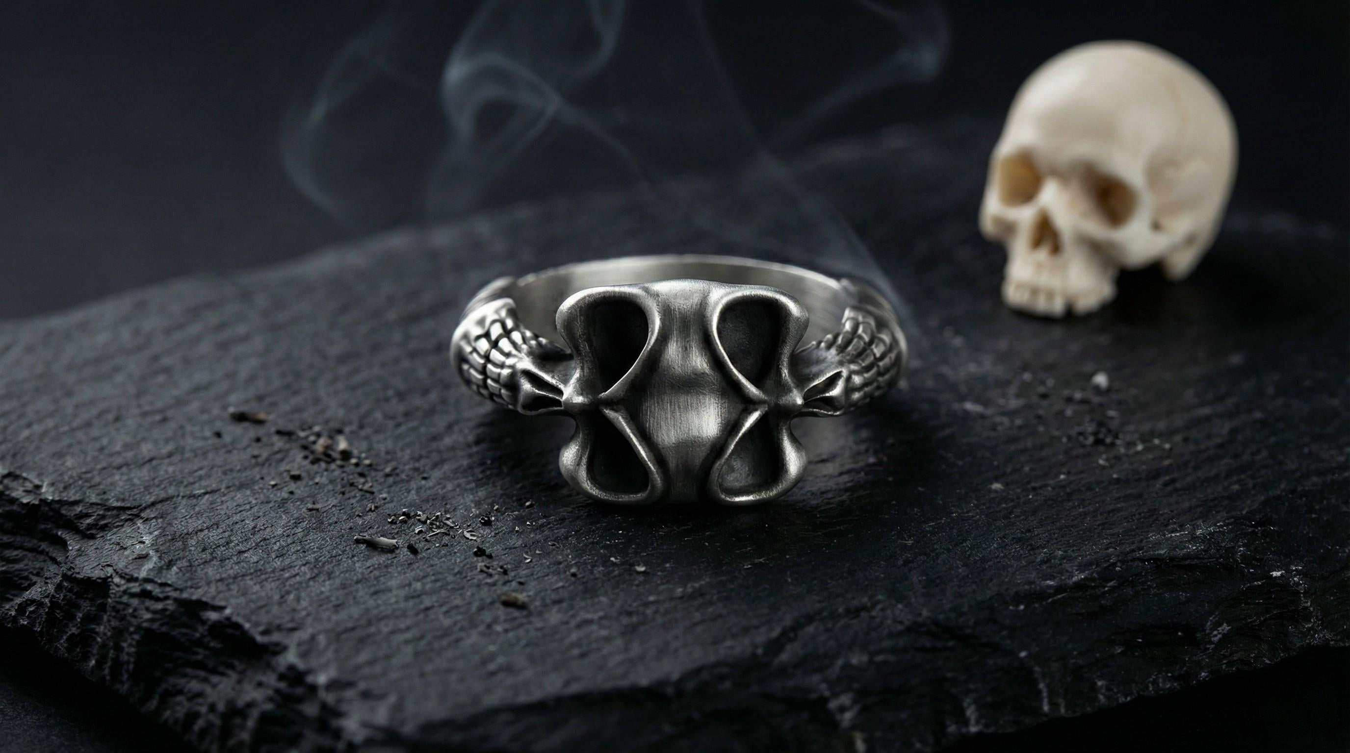 Gümüş Kafatası Yüzüğü: Oksitlenmiş 925 Ayar Gotik Erkek Yüzüğü