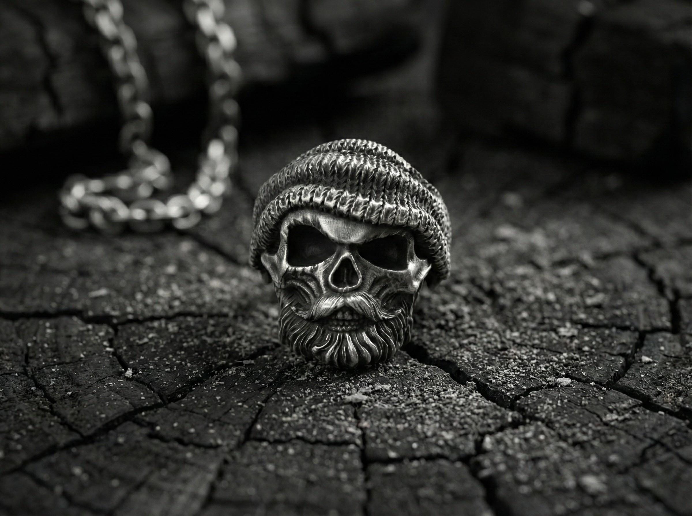 Gümüş BEre Takan Kafatası Yüzük: El Yapımı Sakallı Kafatası Yüzüğü