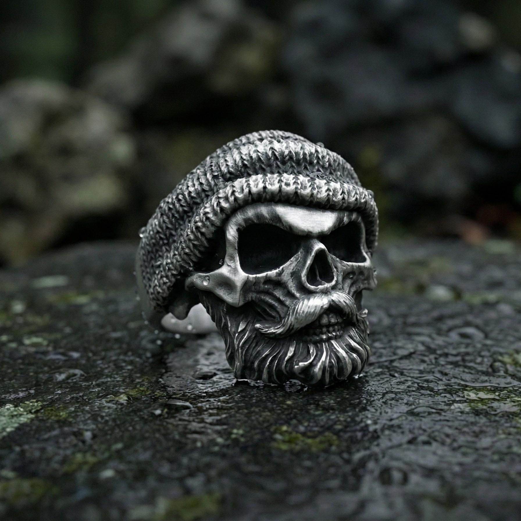 Gümüş BEre Takan Kafatası Yüzük: El Yapımı Sakallı Kafatası Yüzüğü