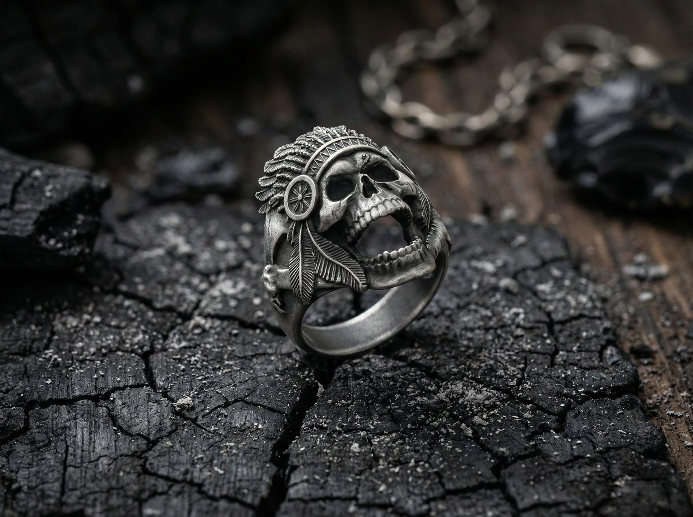 Kızılderili Şefi Kafatası Gümüş Yüzük