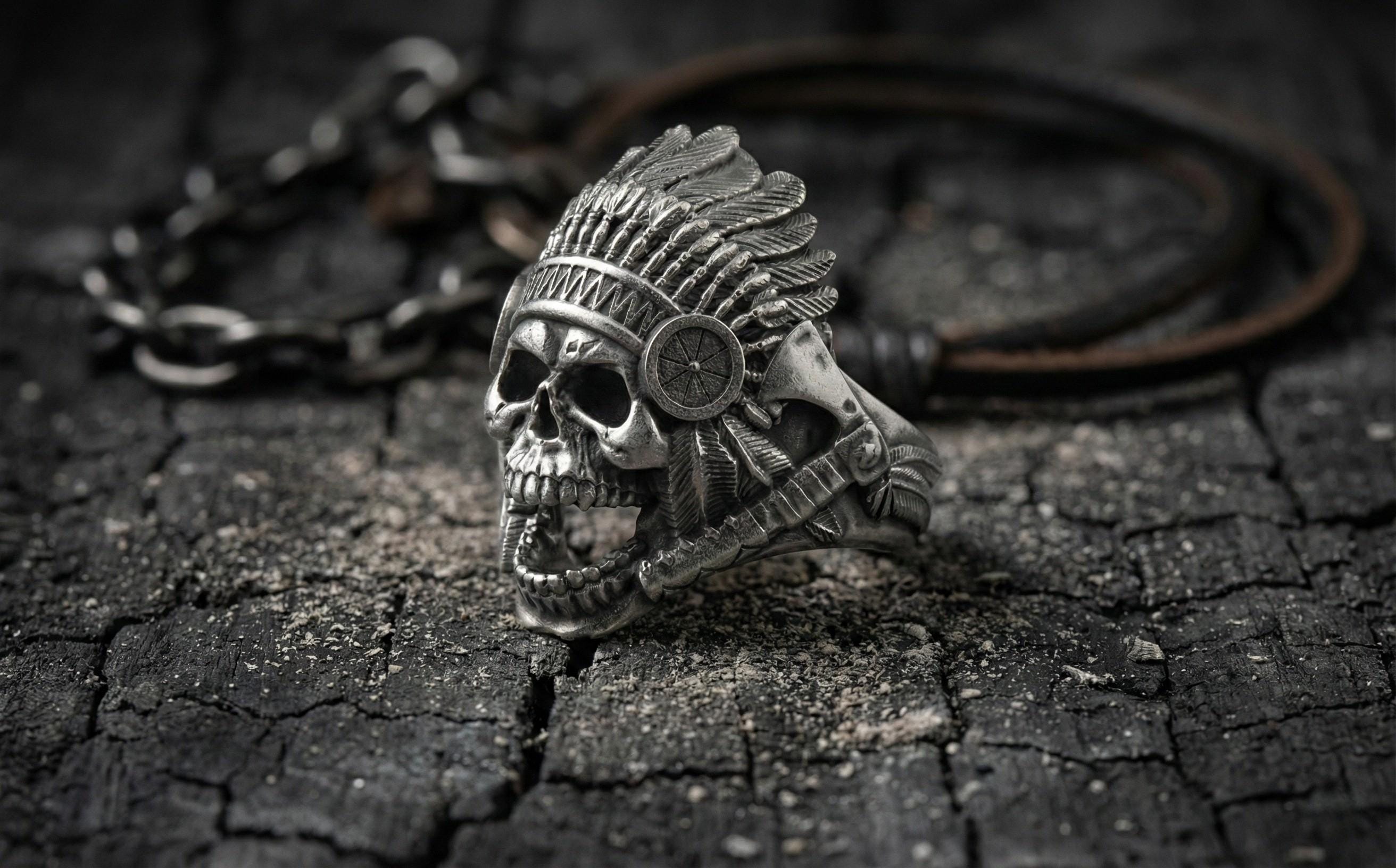 Kızılderili Şefi Kafatası Gümüş Yüzük