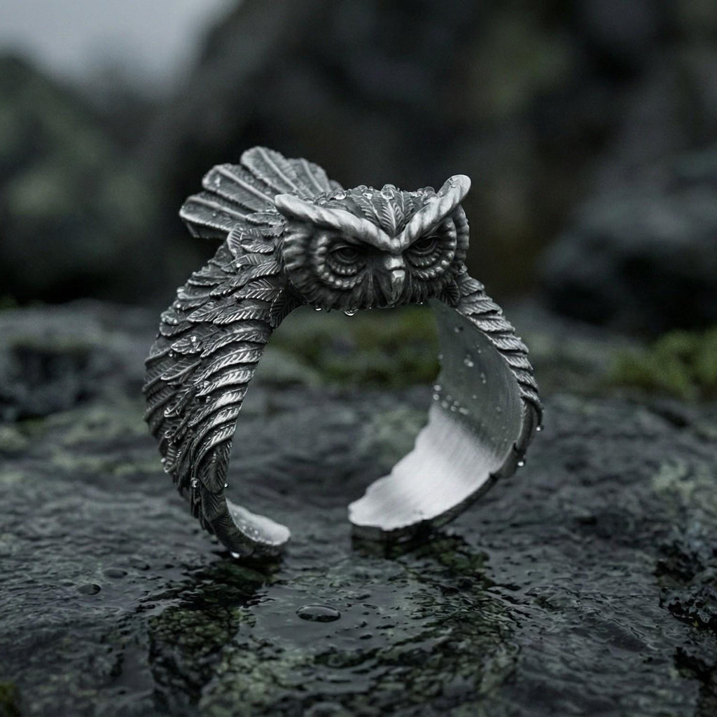 925 Ayar Gümüş Baykuş Yüzüğü – Erkekler İçin El Oyması Hayvan Figürlü Takı