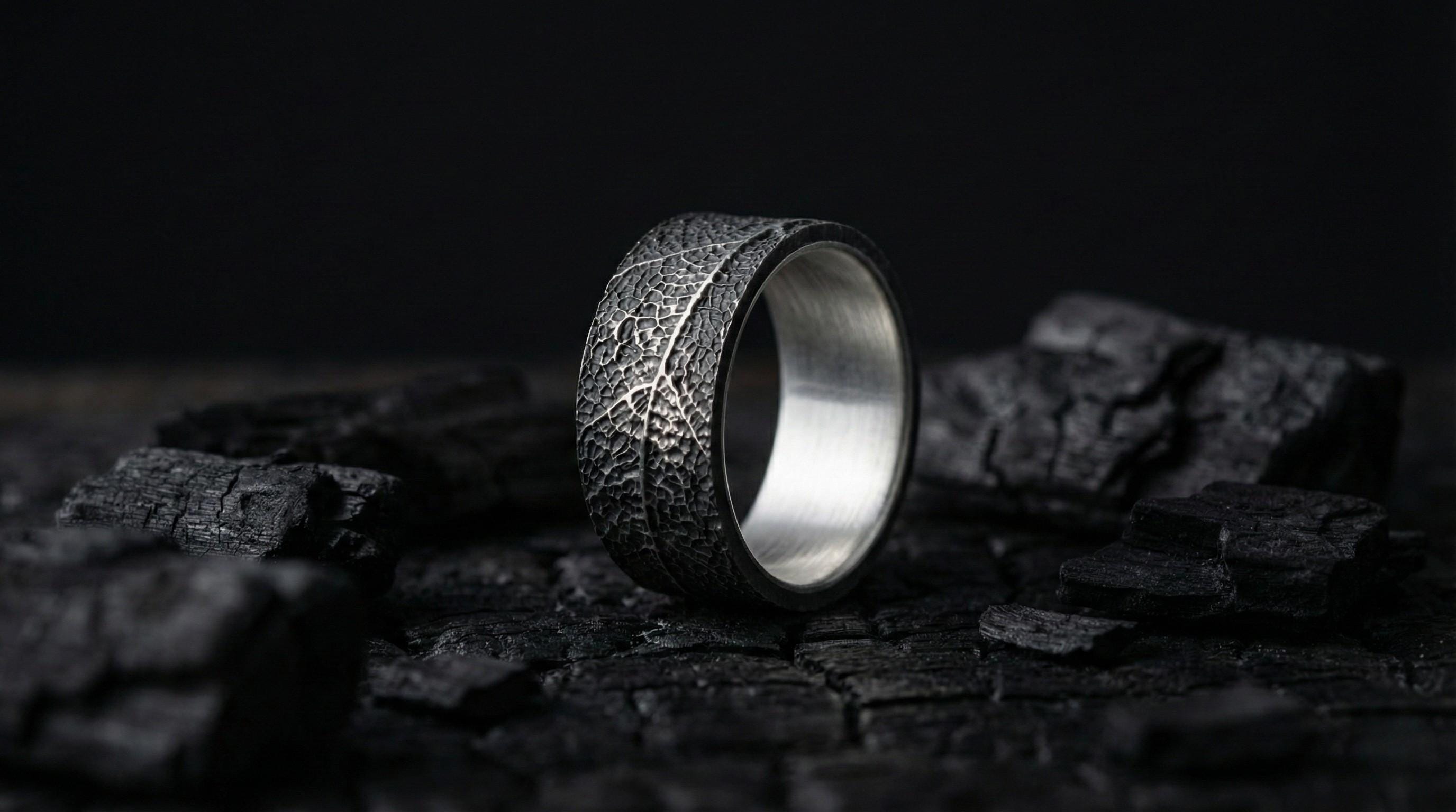 925 Ayar Gümüş Yaprak Dokulu Yüzük – Unisex Doğal Desenli Yüzük