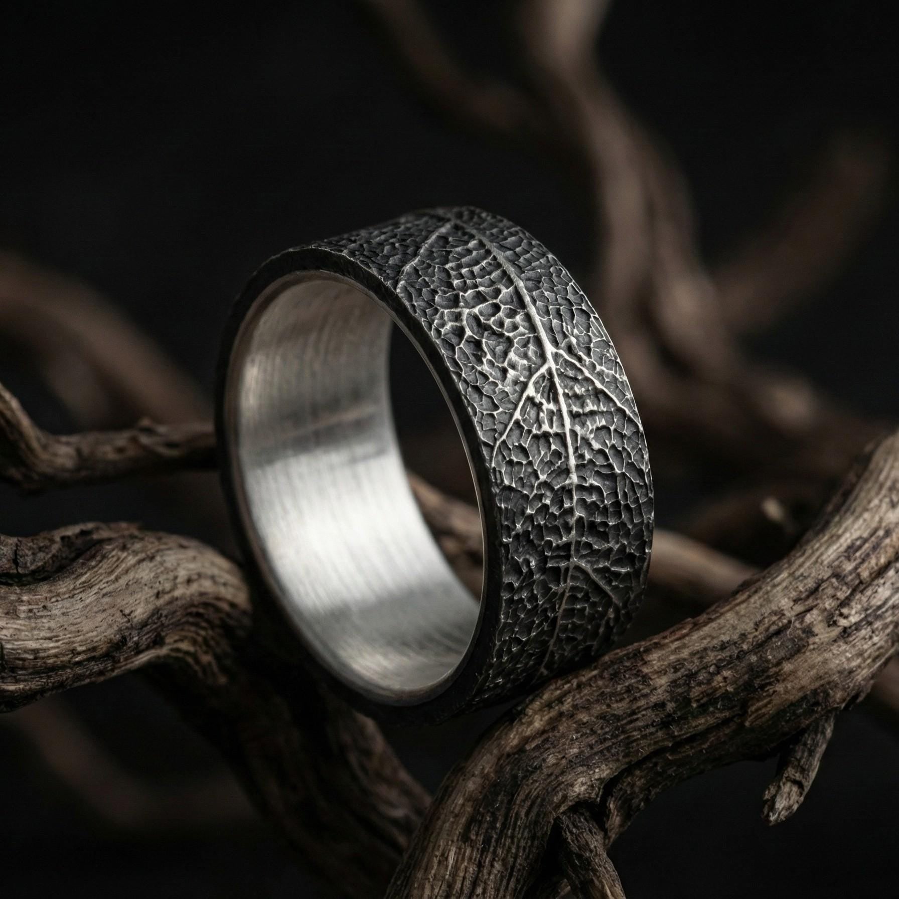 925 Ayar Gümüş Yaprak Dokulu Yüzük – Unisex Doğal Desenli Yüzük