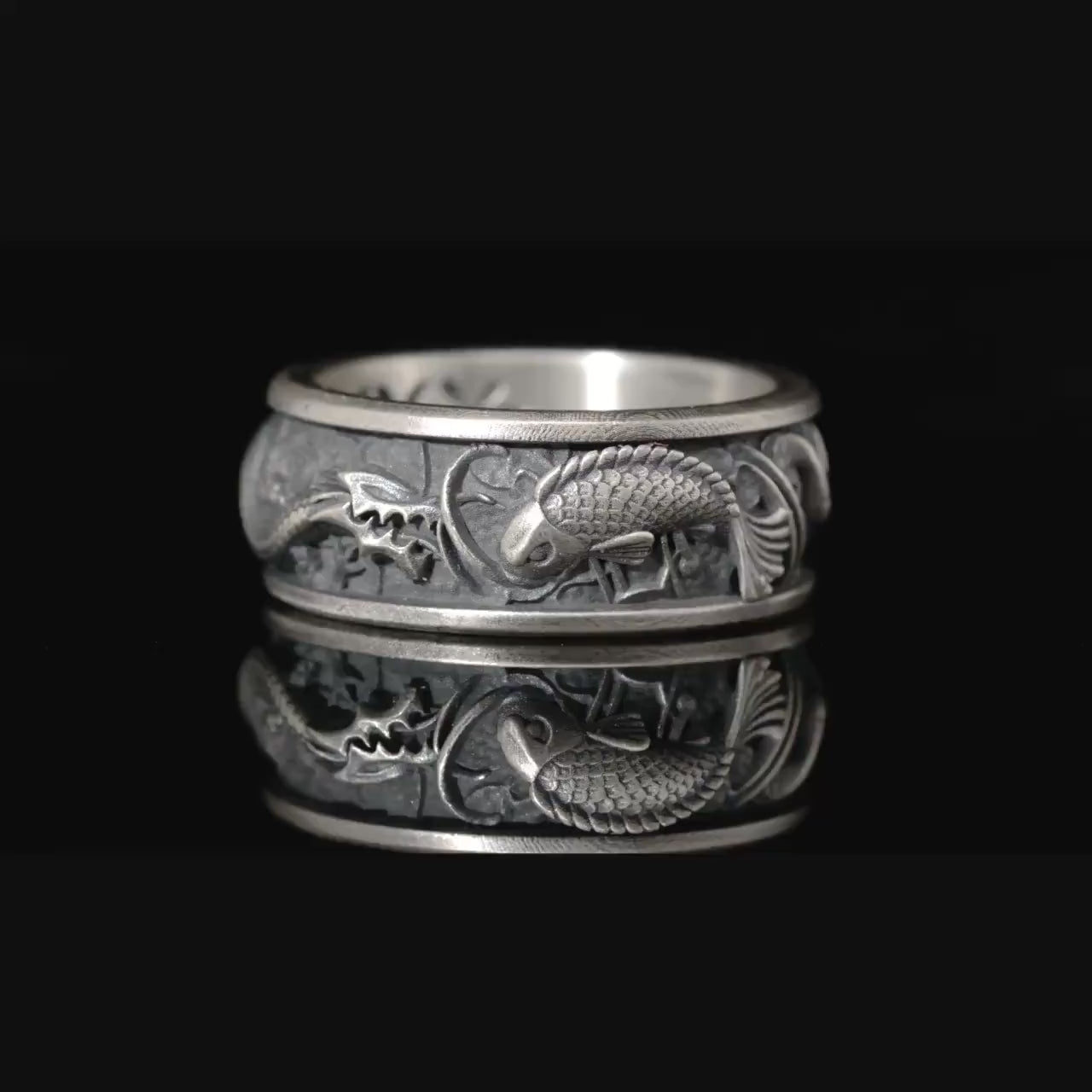 Japon Koi Balığı Yüzüğü - Ejderha Motifli Gümüş